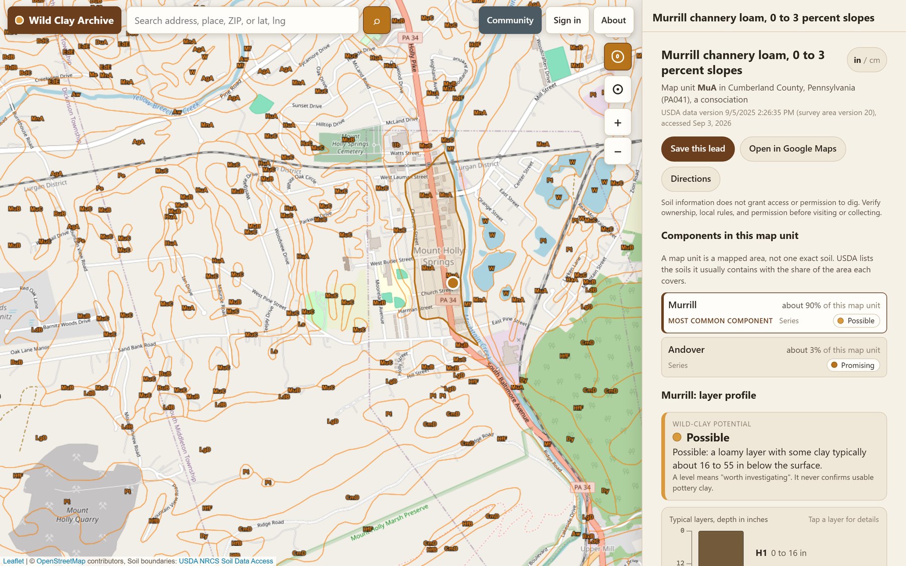 A map of Mount Holly Springs, Pennsylvania, covered in soil boundaries, beside a panel naming the soil beneath the tapped point, the soils it usually contains, and a wild-clay potential of Possible.