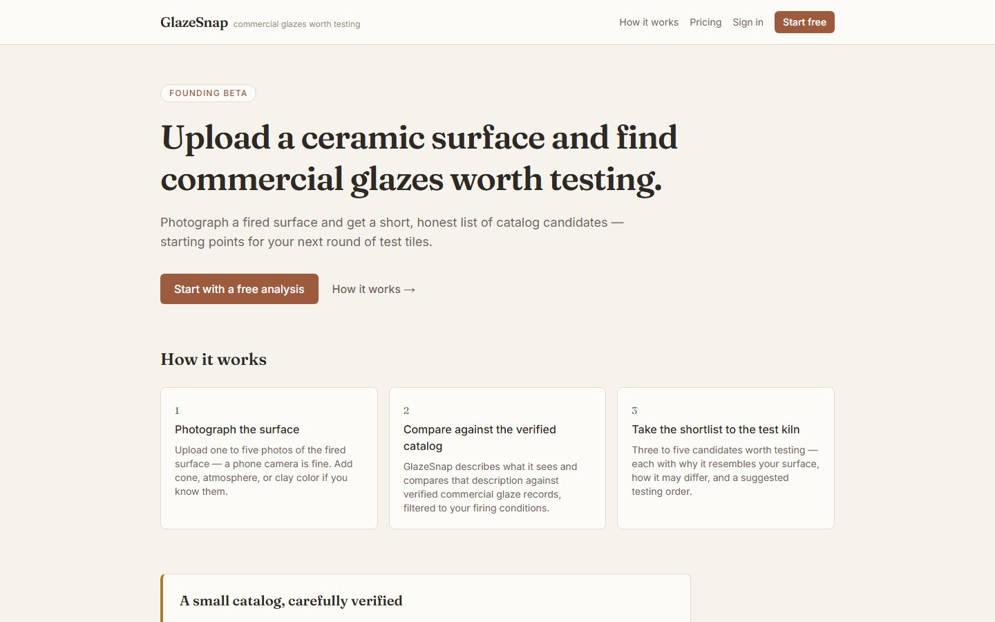 The GlazeSnap front page. It reads, upload a ceramic surface and find commercial glazes worth testing, with three steps beneath it.